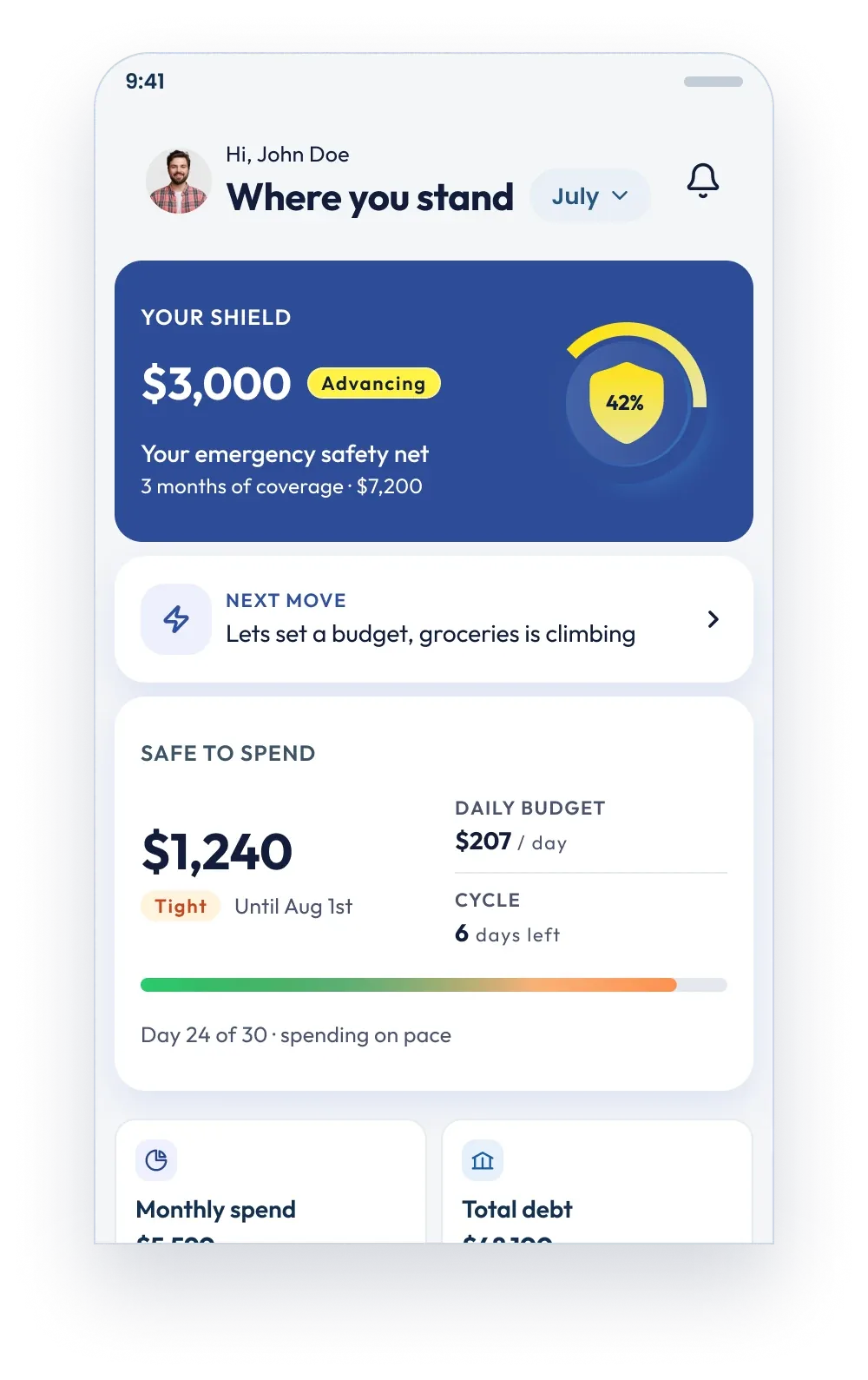 MissionFi app — Where you stand: your shield, next move, safe to spend, monthly spend and total debt